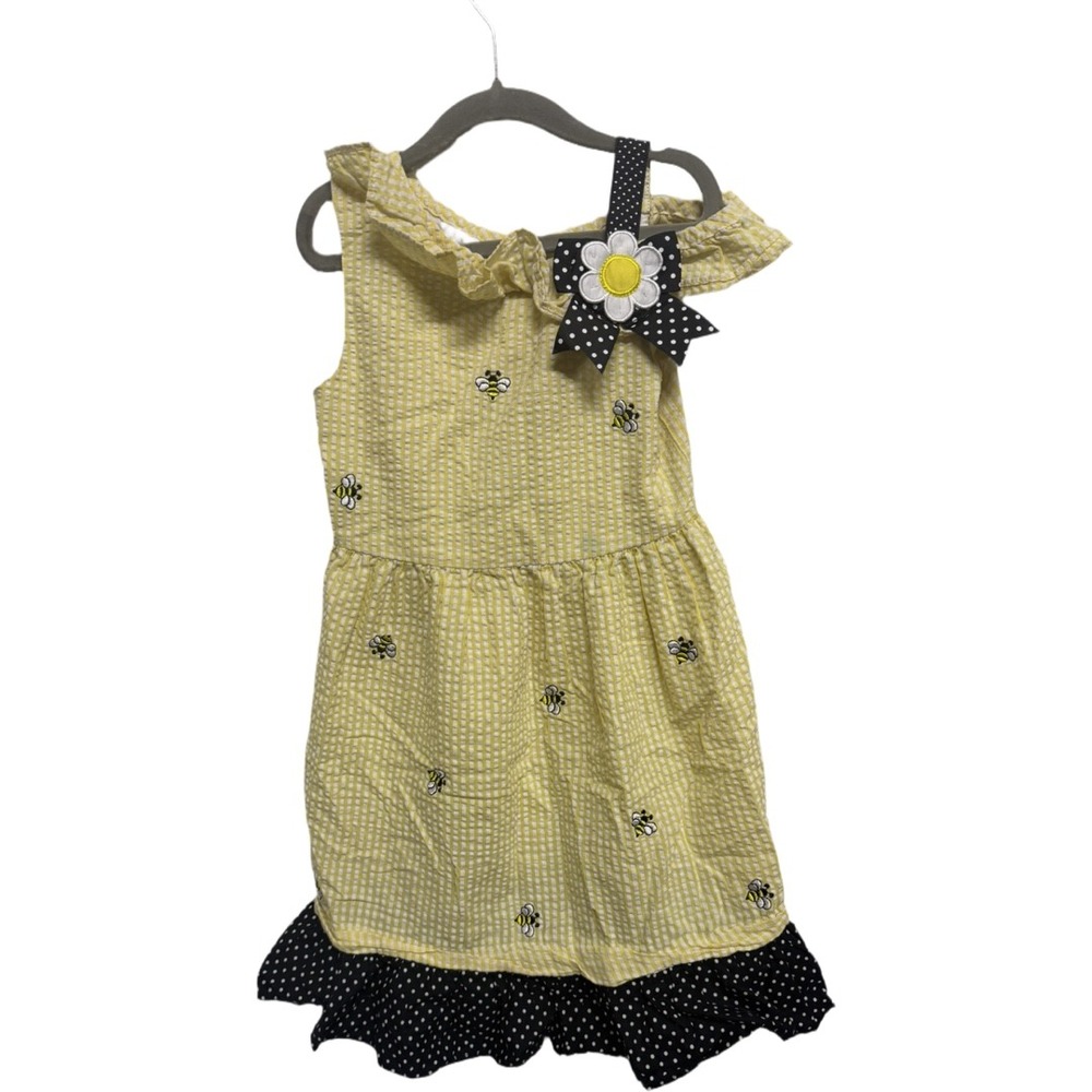 Counting Daisies Girls Yellow Seersucker Dress Size 6 Bee Daisy Ruffle Summer